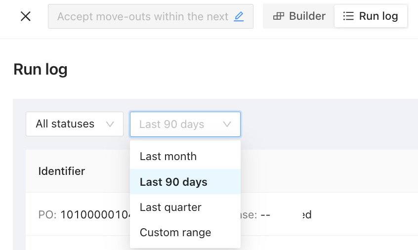 Run log showing workflow results with filters for status and time period