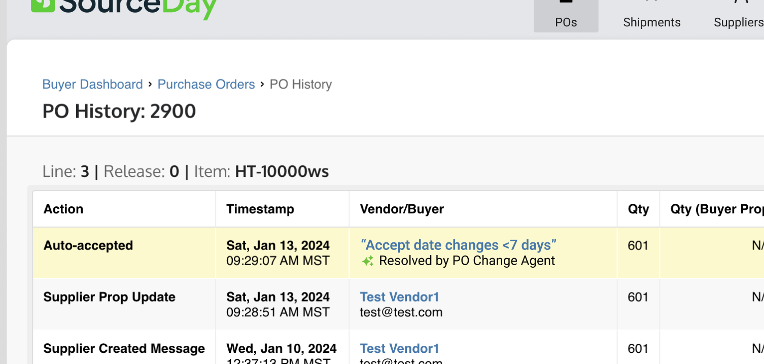 PO history showing an auto-action entry with workflow name and AI agent